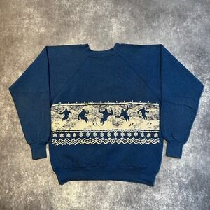 Vintage Skiing Graphic Sweatshirt Crewneck Mens L Blue Made USA